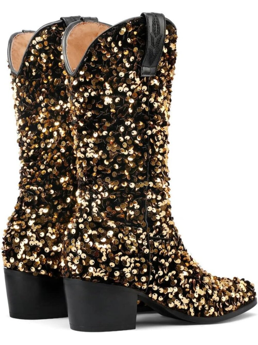 Women's Gold Sparkly Mid Calf Glitter Wedding Chunky Heeled Cowgirl Boots - Picture 2 of 5